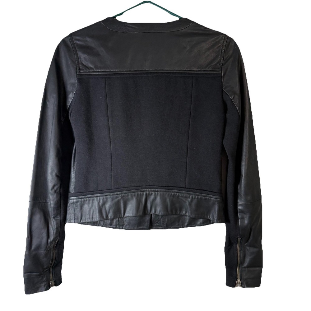 Elevenses Leather Moto Jacket Women 2 Blck Mixed Media Asymmetric Zip Minimalist - Picture 3 of 11
